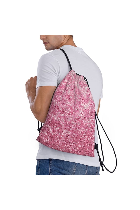 Pink Glitter Print Drawstring Bags for Gym Sports Yoga Travel Lightweight Foldable Sackpack for Men Women Teens
