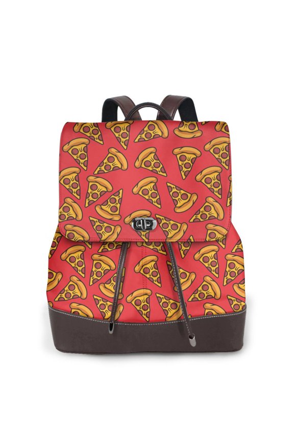 Pizza Cartoon for Womens Leather Backpack for School Travel Work or Casual Use with Zipper Pockets and Spacious Interior