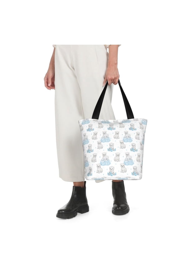 Playful Polar Bear Pals Print Shoulder Bag for Women Large Capacity Zipper Tote for Shopping Beach Travel Gym with Inner Pocket