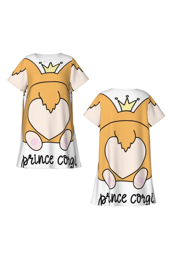 Prince Corgi Dog Print Women's Short-sleeved Nightdress Breathable Cotton-like Material Loose A-line Knee-length