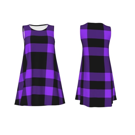 Horeoi Purple Buffalo Plaid Print Women's Sleeveless Dress Cotton-like Flared Hem Deep Side Pockets Above-Knee