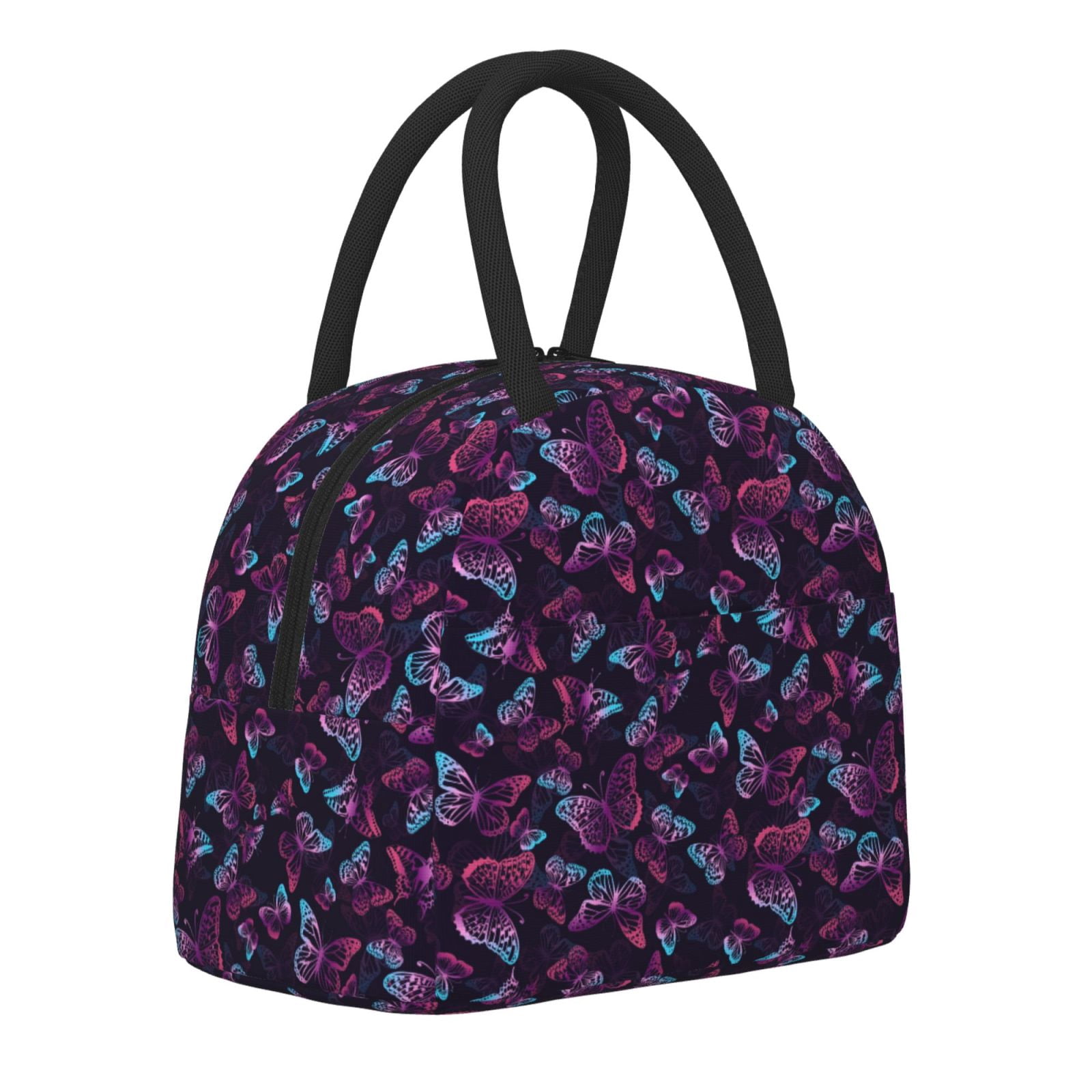 Horeoi Purple Butterfly Pattern Large Insulated Lunch Bag for Work, School, Picnic - Waterproof, Durable Oxford Cloth, Comfortable Handle-Black