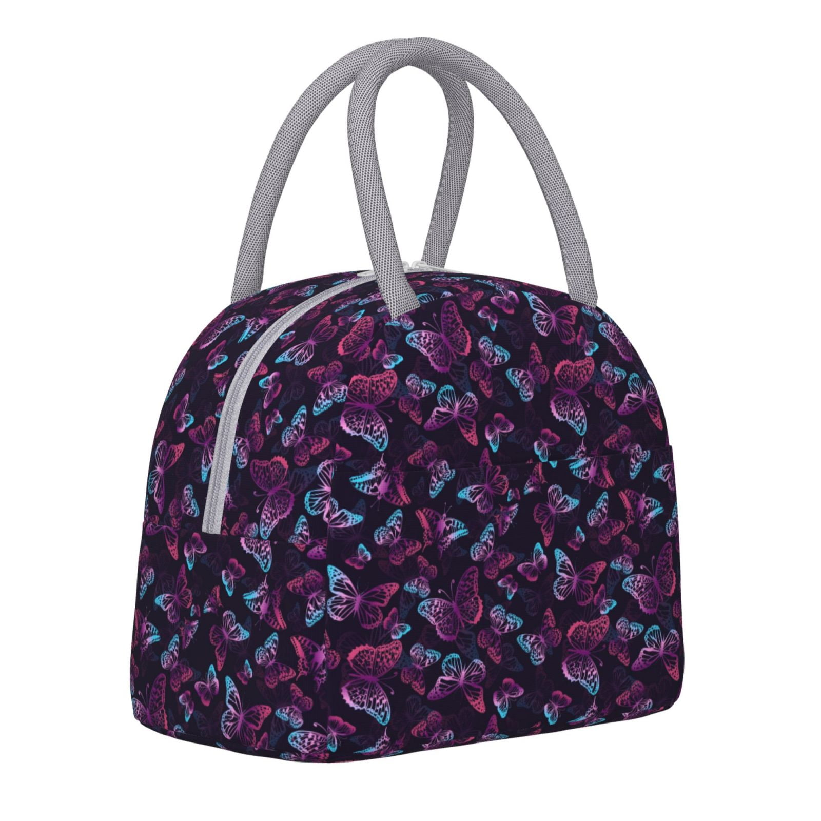 Horeoi Purple Butterfly Pattern Large Insulated Lunch Bag for Work, School, Picnic - Waterproof, Durable Oxford Cloth, Comfortable Handle-Light Grey