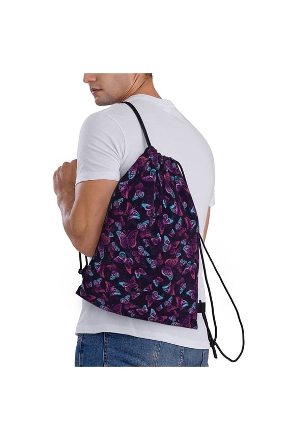 Purple Butterfly Print Drawstring Bags for Gym Sports Yoga Travel Lightweight Foldable Sackpack for Men Women Teens