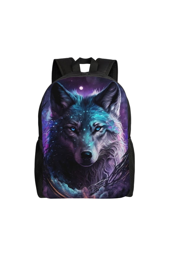 Purple Sky Wolf Print Waterproof 600D Oxford Laptop Backpack for School Travel Work - Lightweight Durable Bag with Adjustable Straps