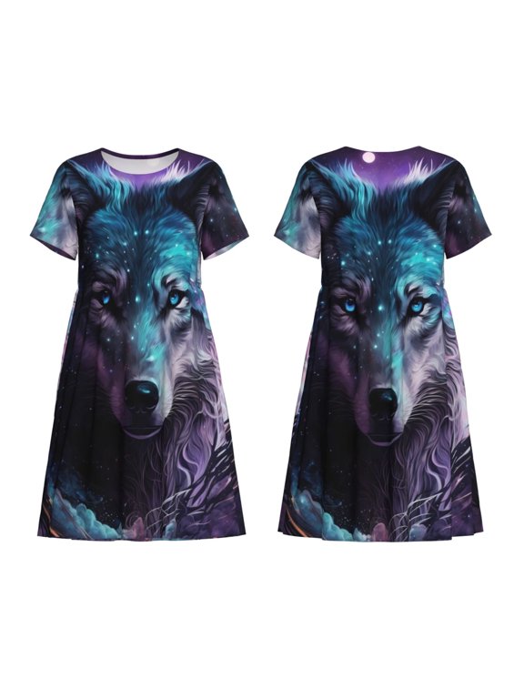 Purple Sky Wolf Print Women's Short Sleeve Dress Breathable Polyester-Spandex All-Over Print A-Line Side Pockets Elastic Waist