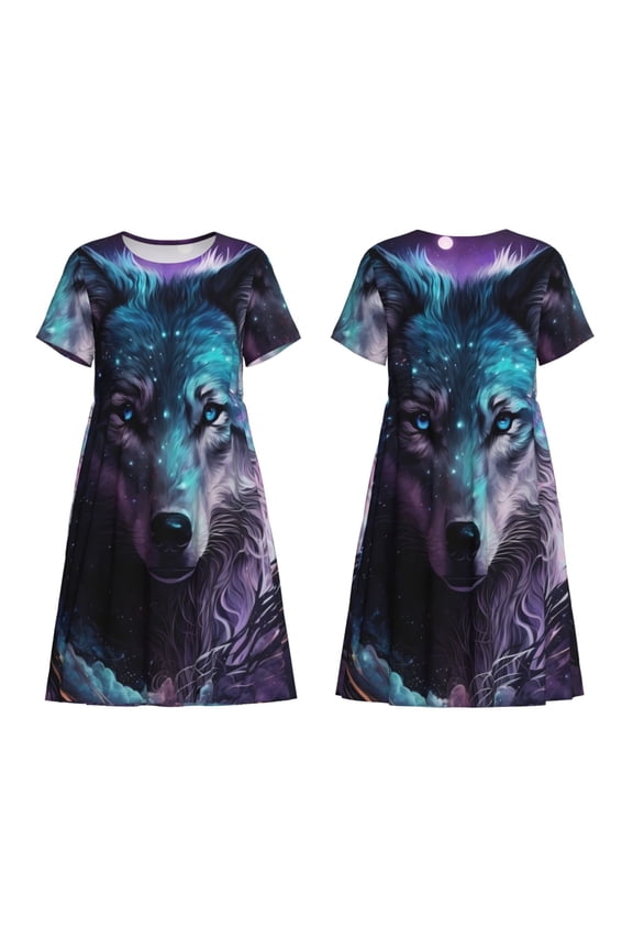 Purple Sky Wolf Print Women's Short Sleeve Dress Breathable Polyester-Spandex All-Over Print A-Line Side Pockets Elastic Waist