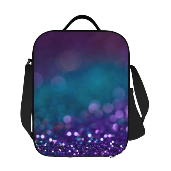 Horeoi Purple and Green Glitter Pattern Insulated Thermal Lunch Bag with Leakproof Compartments for Office School Picnic Reusable Oxford Tote
