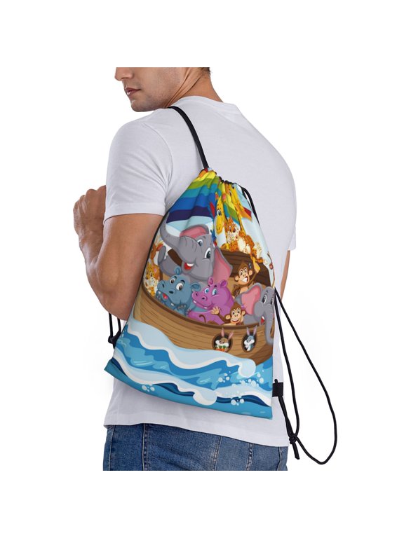 Rainbow Animals on Noah's Ark Print Drawstring Bags for Gym Sports Yoga Travel Lightweight Foldable Sackpack for Men Women Teens
