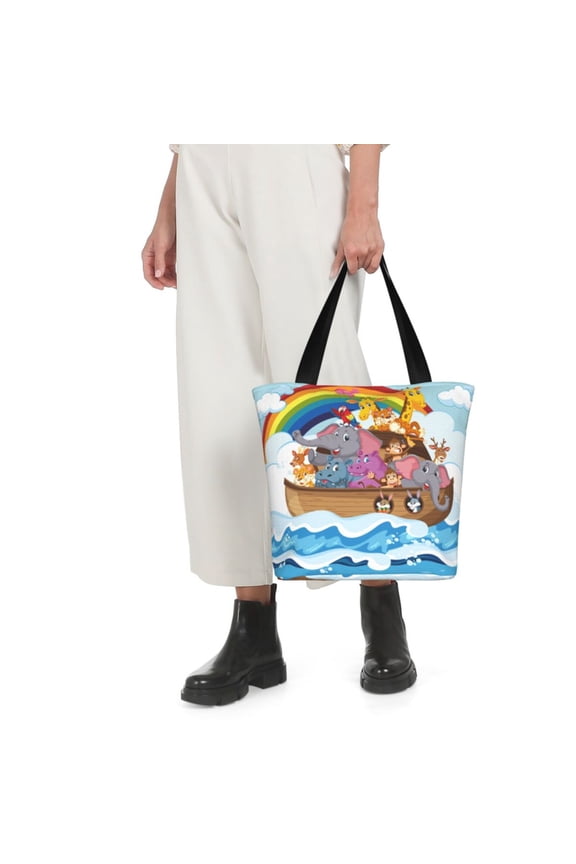 Rainbow Animals on Noah's Ark Print Shoulder Bag for Women Large Capacity Zipper Tote for Shopping Beach Travel Gym with Inner Pocket