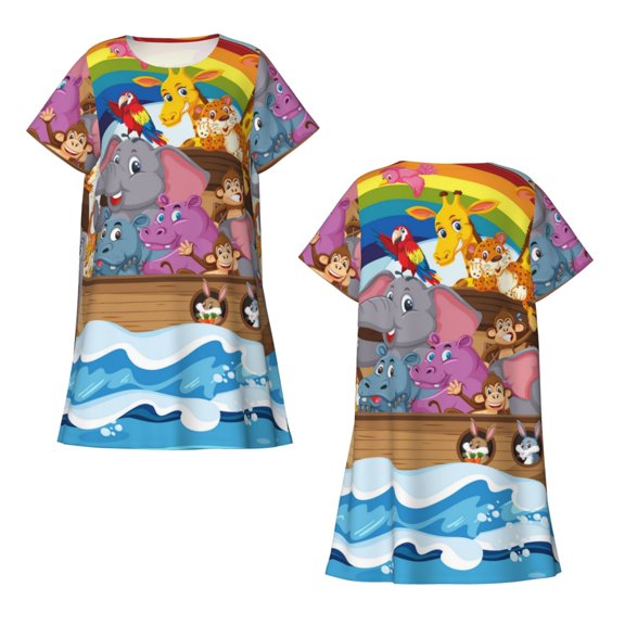 Horeoi Rainbow Animals on Noah's Ark Print Women's Short-sleeved Nightdress Breathable Cotton-like Material Loose A-line Knee-length