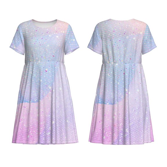 Horeoi Rainbow Print Women's Short Sleeve Dress Breathable Polyester-Spandex All-Over Print A-Line Side Pockets Elastic Waist