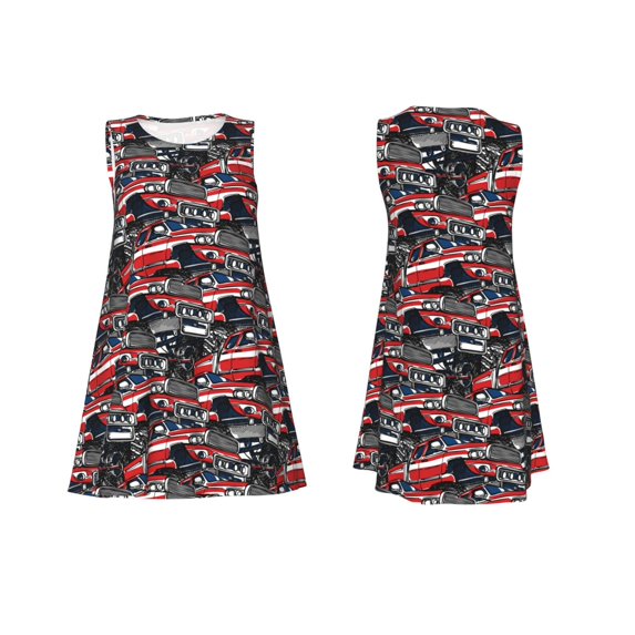 Horeoi Red And Blue Cars Print Women's Sleeveless Dress Cotton-like Flared Hem Deep Side Pockets Above-Knee