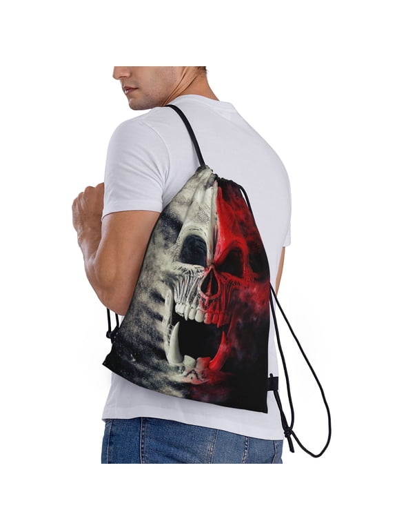 Red And White Screaming Demon Skull Print Drawstring Bags for Gym Sports Yoga Travel Lightweight Foldable Sackpack for Men Women Teens