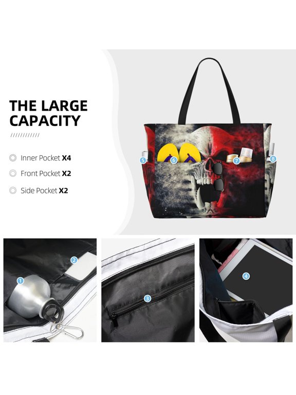 Red And White Screaming Demon Skull Print Large Capacity Beach Travel Bag Waterproof Polyester with Multiple Pockets for Beach Camping Gym