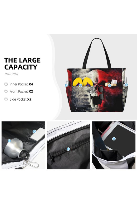 Red And White Screaming Demon Skull Print Large Capacity Beach Travel Bag Waterproof Polyester with Multiple Pockets for Beach Camping Gym