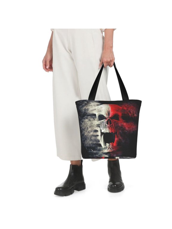 Red And White Screaming Demon Skull Print Shoulder Bag for Women Large Capacity Zipper Tote for Shopping Beach Travel Gym with Inner Pocket