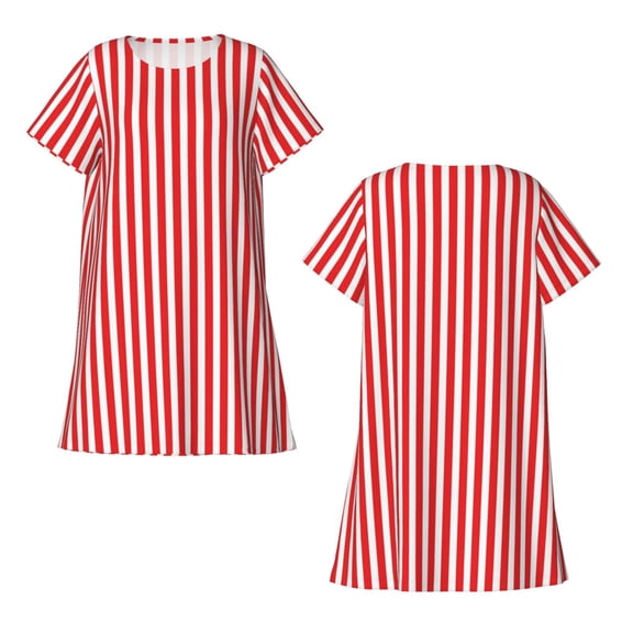 Horeoi Red And White Stripes Print Women's Short-sleeved Nightdress Breathable Cotton-like Material Loose A-line Knee-length