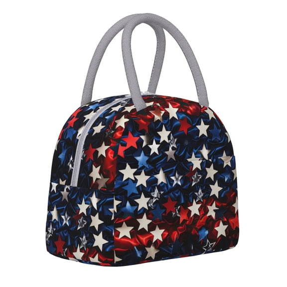 Horeoi Red Blue White Stars Pattern Large Insulated Lunch Bag for Work, School, Picnic - Waterproof, Durable Oxford Cloth, Comfortable Handle-Light Grey