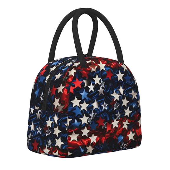 Horeoi Red Blue White Stars Pattern Large Insulated Lunch Bag for Work, School, Picnic - Waterproof, Durable Oxford Cloth, Comfortable Handle-Black