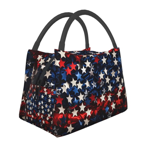 Horeoi Red Blue White Stars Pattern Portable Insulation Bag for Work Picnic Travel with Zipper and Handle Foldable Thermal Lunch Tote
