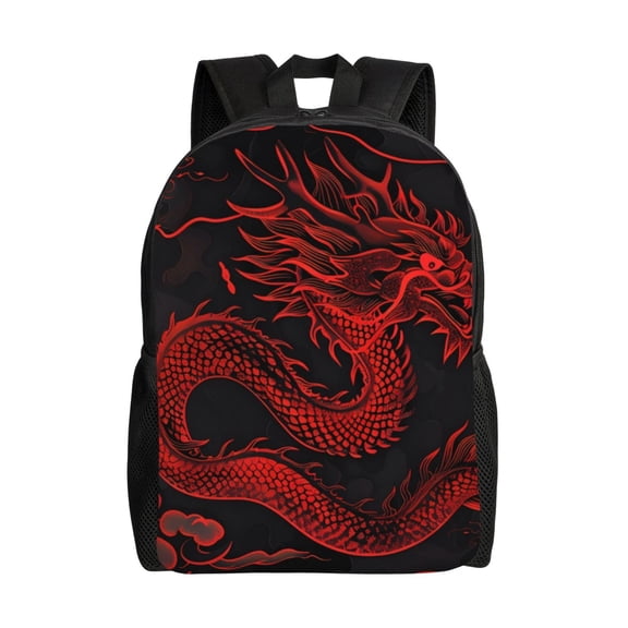 Horeoi Red Dragon On Black Print Waterproof 600D Oxford Laptop Backpack for School Travel Work - Lightweight Durable Bag with Adjustable Straps