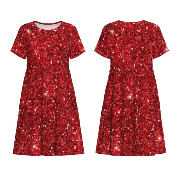 Horeoi Red Glitter Print Women's Short Sleeve Dress Breathable Polyester-Spandex All-Over Print A-Line Side Pockets Elastic Waist
