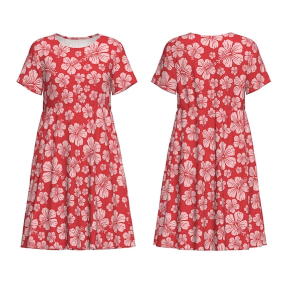 Horeoi Red Hibiscus Flower Print Women's Short Sleeve Dress Breathable Polyester-Spandex All-Over Print A-Line Side Pockets Elastic Waist
