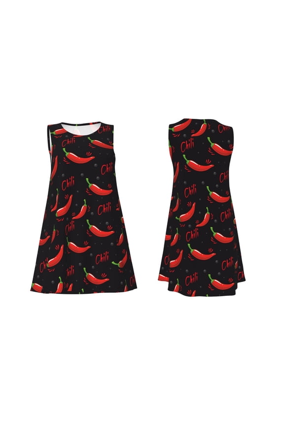 Red Hot Chili Print Women's Sleeveless Dress Cotton-like Flared Hem Deep Side Pockets Above-Knee