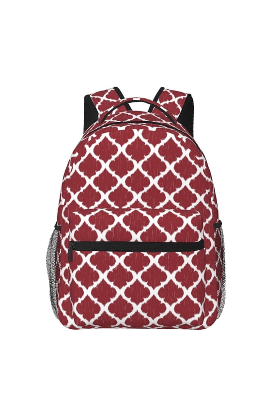 Red Moroccan Print Eco-Friendly Lightweight Student Backpack for School Travel - Ergonomic Padded Laptop Compartment & Multi-Pocket Design