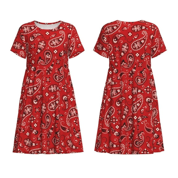 Horeoi Red Paisley Floral Print Women's Short Sleeve Dress Breathable Polyester-Spandex All-Over Print A-Line Side Pockets Elastic Waist