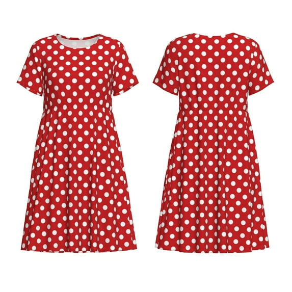 Horeoi Red Polka Dot Print Women's Short Sleeve Dress Breathable Polyester-Spandex All-Over Print A-Line Side Pockets Elastic Waist