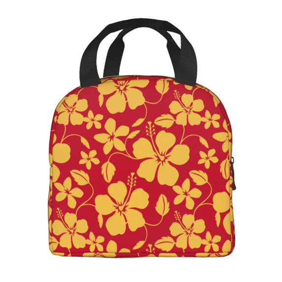Horeoi Red Vintage Flowers Pattern Lunch Bag for Work Picnic Travel Use Thermal Tote with Front Pocket for Women Men Students