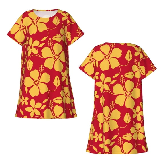 Horeoi Red Vintage Flowers Print Women's Short-sleeved Nightdress Breathable Cotton-like Material Loose A-line Knee-length
