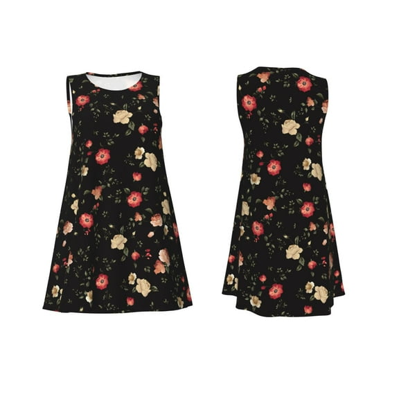 Horeoi Red White Flowers Print Women's Sleeveless Dress Cotton-like Flared Hem Deep Side Pockets Above-Knee