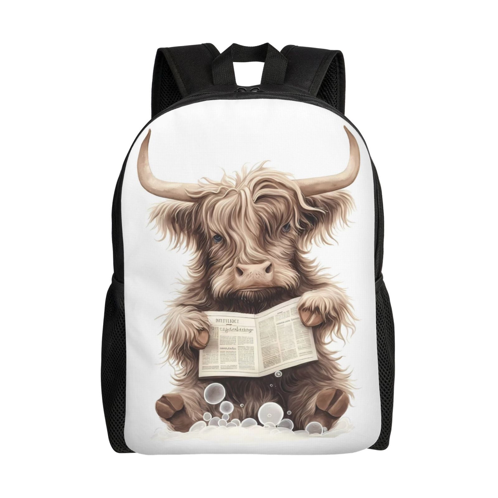 Horeoi Relaxed Cute Cow Reading Print Waterproof 600D Oxford Laptop Backpack for School Travel Work - Lightweight Durable Bag with Adjustable Straps