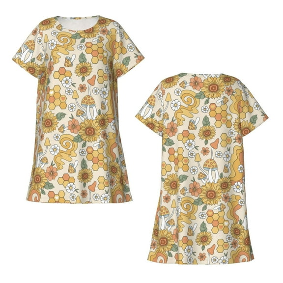 Horeoi Retro 70s 60s Flower Print Women's Short-sleeved Nightdress Breathable Cotton-like Material Loose A-line Knee-length