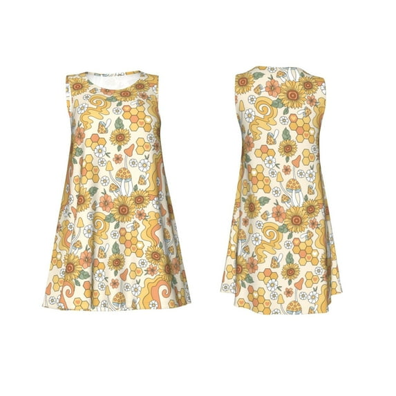 Horeoi Retro 70s 60s Flower Print Women's Sleeveless Dress Cotton-like Flared Hem Deep Side Pockets Above-Knee