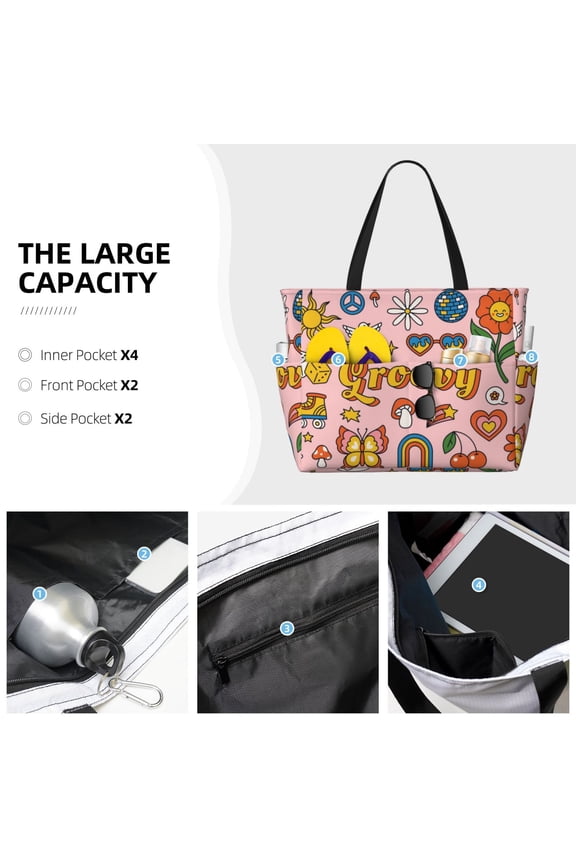 Retro 70s Hippie Print Large Capacity Beach Travel Bag Waterproof Polyester with Multiple Pockets for Beach Camping Gym
