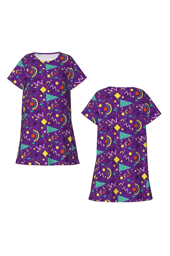 Retro 80s Style Print Women's Short-sleeved Nightdress Breathable Cotton-like Material Loose A-line Knee-length