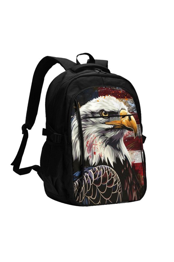 Retro American Eagle A Print USB Backpack for Travel School Work with Laptop Compartment Charging Port and Anti-Theft Pocket
