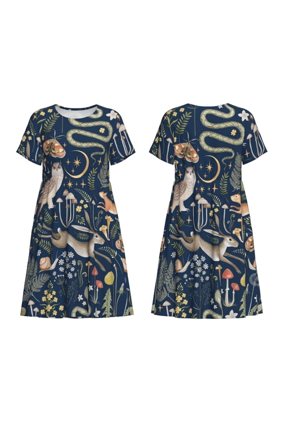Retro Forest Animals Print Women's Short Sleeve Dress Breathable Polyester-Spandex All-Over Print A-Line Side Pockets Elastic Waist