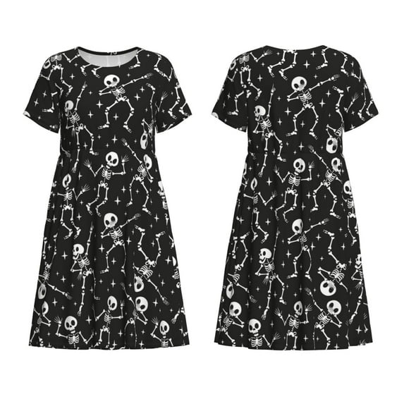 Horeoi Retro Skeleton Dancing On Halloween Party Print Women's Short Sleeve Dress Breathable Polyester-Spandex All-Over Print A-Line Side Pockets Elastic Waist