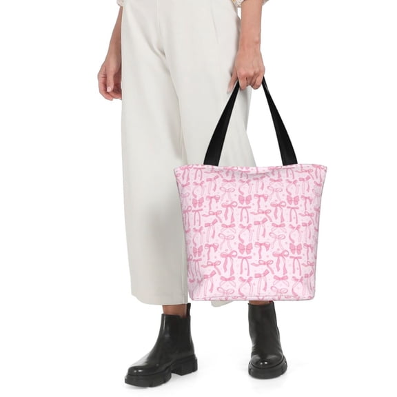 Horeoi Ribbon Bow Print Shoulder Bag for Women Large Capacity Zipper Tote for Shopping Beach Travel Gym with Inner Pocket