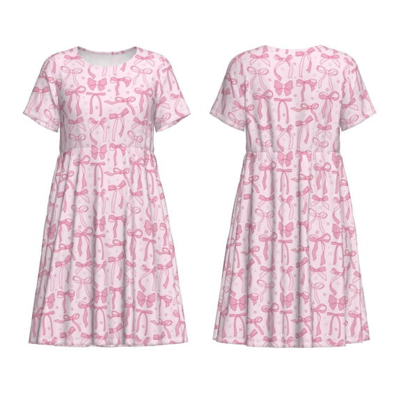 Horeoi Ribbon Bow Print Women's Short Sleeve Dress Breathable Polyester-Spandex All-Over Print A-Line Side Pockets Elastic Waist