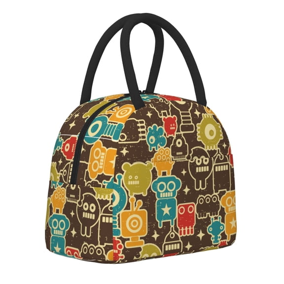 Horeoi Robot and Monsters Pattern Large Insulated Lunch Bag for Work, School, Picnic - Waterproof, Durable Oxford Cloth, Comfortable Handle-Black