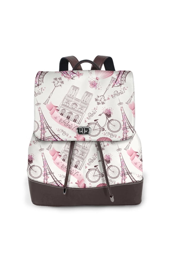 Romantic Travel In Paris for Womens Leather Backpack for School Travel Work or Casual Use with Zipper Pockets and Spacious Interior