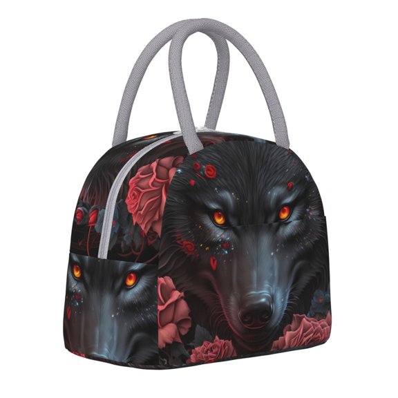 Horeoi Rose Full Moon Black Wolf Pattern Large Insulated Lunch Bag for Work, School, Picnic - Waterproof, Durable Oxford Cloth, Comfortable Handle-Light Grey