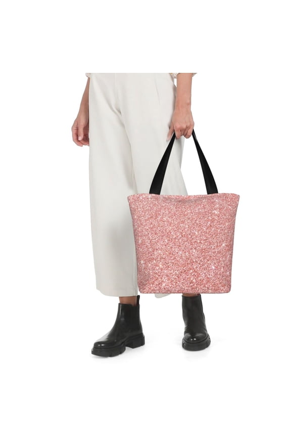 Rose Gold Glitter Print Shoulder Bag for Women Large Capacity Zipper Tote for Shopping Beach Travel Gym with Inner Pocket