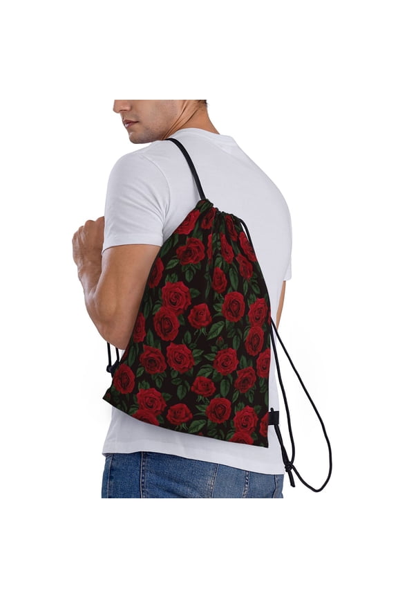 Rose Print Drawstring Bags for Gym Sports Yoga Travel Lightweight Foldable Sackpack for Men Women Teens